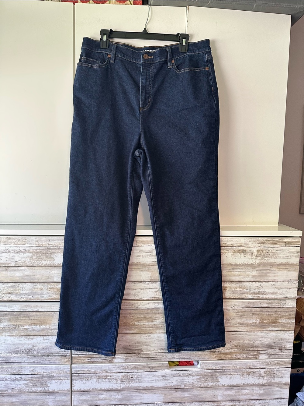 👖 Lands’ End Dark Wash Straight Leg Jeans Red Plaid Lined Size 16